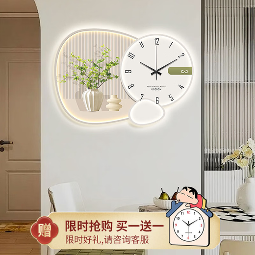 咏幻奶油绿植餐厅装饰画新个性钟表挂钟客厅时钟壁灯 福禄延绵PD4877升级日期 温度 长x宽80x60CM 创意无灯款