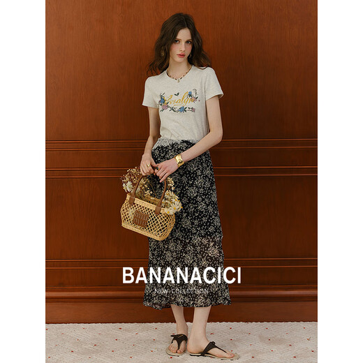 banana cici 2025 summer new American retro old casual versatile printed round neck short-sleeved T-shirt C252TX684 gray L