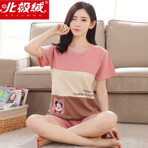 Pajama de terciopelo ártico (bejirog) para mujeres en verano algodón puro pantalones cortos de manga corta gran tamaño para mujeres cartoon chaleco suelto ropa de hogar conjunto de dos piezas Shorts-lana-g6636 m tamaño de mujer (85-100Jin [Jin equivale a 0.5 kg])