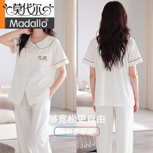 莫代尔夏季睡衣女带胸垫2025新款短袖薄款纯棉一体套装可外穿长裤家居服 694米白   带胸垫拉架棉开衫翻领 M (155-160)：适合90-110斤穿