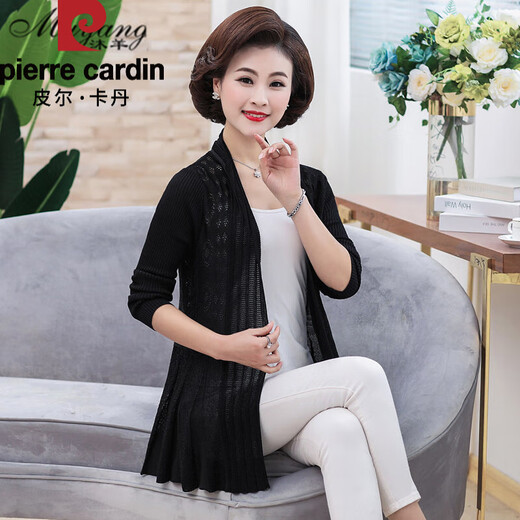 Pierre Cardin Mutter Jacke Dünne Frühlings- und Herbst Strick-Strickjacke mittleren Alters mittleren Alters Sommereiseis Seiden mit mittleren Länge Außenschal Sun Protection Kleidung 15099 Schwarz xl
