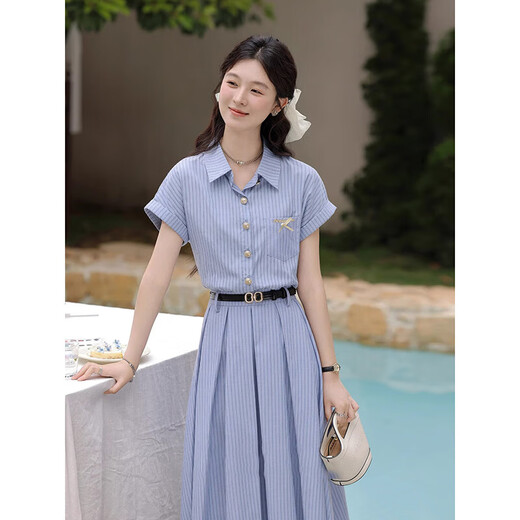[Give a belt] Literary and elegant blue dress for women 2025 new summer slim dress D1390 Blue M [100-110Jin[Jin equals 0.5 kg]]