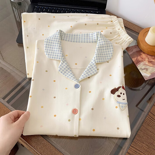 
Miao Dai Po dot puppy cartoon pajamas for women pure cotton summer 2025 new student cute short-sleeved loose home clothing set apricot color L (165)