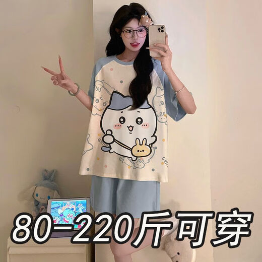 奢依君（SHEYIJUN）吉伊卡哇睡衣 夏天女夏季短袖短裤宽松大码学生卡通薄款家居服套 693黑笑脸【夏季】 M 【80-95斤穿】