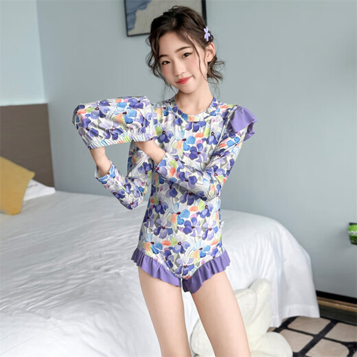 G.DUCKKIDS Girls Swimwear Summer 2025 New Big Girls Long Sleeve Sun Protection Swimsuit Fashionable Children Summer One-piece Swimsuit Picture Color 150 cm
