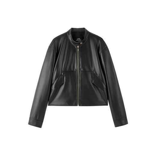 
Peacebird gold buckle small stand collar imitation protein PU leather jacket for women 25 years new truncated motorcycle leather jacket black M 160