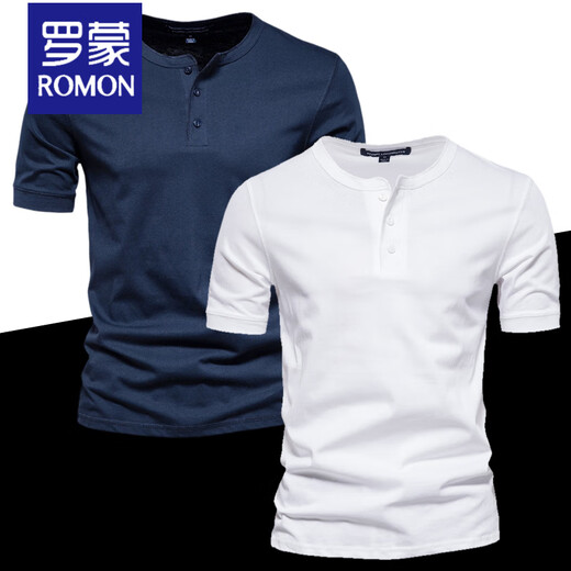 ROMON round neck t-shirt men's henley shirt short-sleeved army green heavyweight American slim retro bottoming shirt small white t half-sleeved T-shirt navy blue M (weight 130-145Jin Jin equals 0.5 kg)