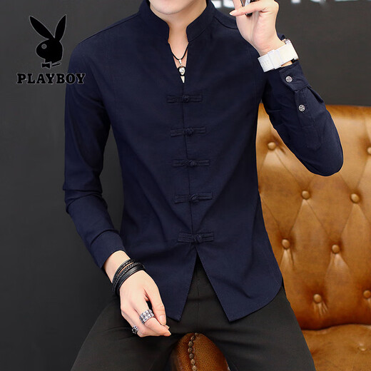 花花公子（PLAYBOY）男士衬衫长袖春秋唐装盘扣中式立领外套中国风休闲衬衣高级感男装 白色9905盘扣立 领衬衫 M