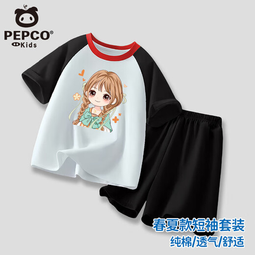 小猪班纳男童女童纯棉短袖短裤夏季哪吒敖丙套装插肩T恤运动短裤 粉色-哪吒 （套装） 130 建议身高120-130CM