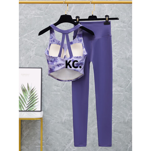 Kaooseen yoga clothes for women 2025 new short-sleeved sports fitness Pilates training clothes top-like three-piece suit BX08-Violet+K940-Spar Blue Purple XL