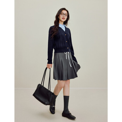 茵曼（INMAN）学院风polo领假两件麻花毛衣2025秋季女装新款英伦针织开衫 藏青 S