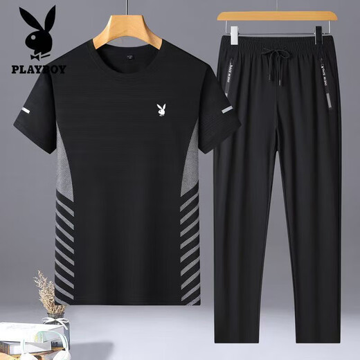 Playboy (Playboy) kurzärmeliger Anzug Herren Sommer Dünner Ice Seidenanzug Herren-Kurzärmel-Hosen Zweiteiler zweiköpfiger Set Casual Atemable Toting-Übung 9901 Black M Empfohlen 80-100jin [Jin entspricht 0,5 kg]