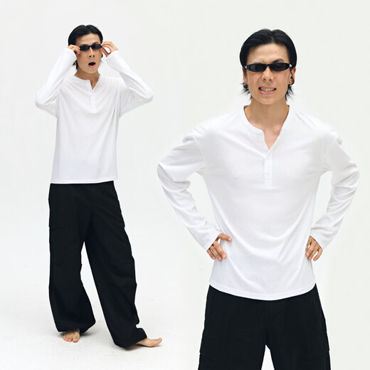 Dondup long-sleeved casual henley collar T-shirt simple white thin bottoming shirt heavy button polo top for men and women white S