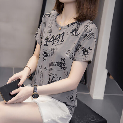 Pierre Cardin 2025 Sommer Neues reines Baumwoll-Kurzärmel-T-Shirt für Frauen mit großer Größe Fett MM Bauchabdeckung 200 Jin [Jin gleich 0,5 kg] Slim und Casual Vielseitige Top 9901 Gray Die beliebte leichte Luxusmarke M (ca. 80-95]