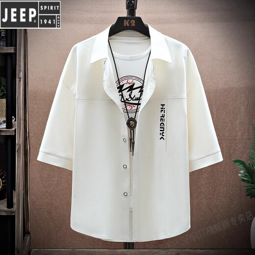 JEEP SPIRIT港风冰丝翻领衬衫夏季男士七分袖薄款商务休闲外套 T679白色 M 165 (约75~90斤可穿)
