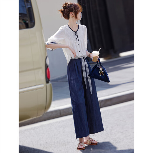 Awakening Paradise French Style Literary Style Round Neck Shirt Lace Tie High Waisted Wide Leg Pants Two-piece Commuting Suit Navy XL