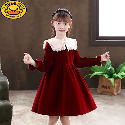 G.duck Girls Dress Autumn 2026 New Long Sleeve Children's Skirt Fashionable Girl Princess Dress Western Style Spring and Autumn Style CLS-H03 Burgundy Plus Velvet Pay attention to the headband 150 cm