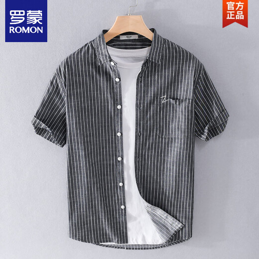 ROMON men's striped shirt short-sleeved loose summer thin Japanese casual all-match cotton shirt summer clothes 9740 black XL 130Jin Jin is equal to about 0.5 kg