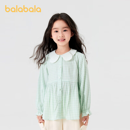 Balabala children's clothing girls long-sleeved shirt 2024 new autumn fresh plaid top white green tone 00414 120