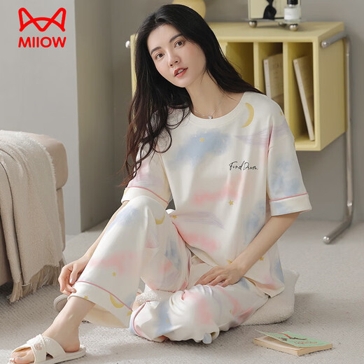
Catman (MiiOW) pure cotton pajamas for women short-sleeved trousers in summer Korean style women round neck suit thin cotton outside home clothing RN9721# short-sleeved trousers pure cotton M (80-100Jin [Jin equals 0.5 kg])