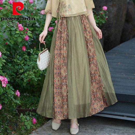 Pier Cardin summer new Chinese style oriental classical Chinese style jacquard slanted slanting temperament stand collar button top spliced ​​skirt suit 1043 green + 12161 brown L