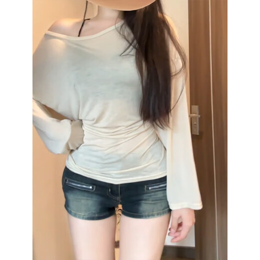 甄格纳杏色薄款罩衫薄纱夏季女微透露肩后背绑带收腰斜肩上衣宽松 卡其色【优质款】 XL 116-130斤