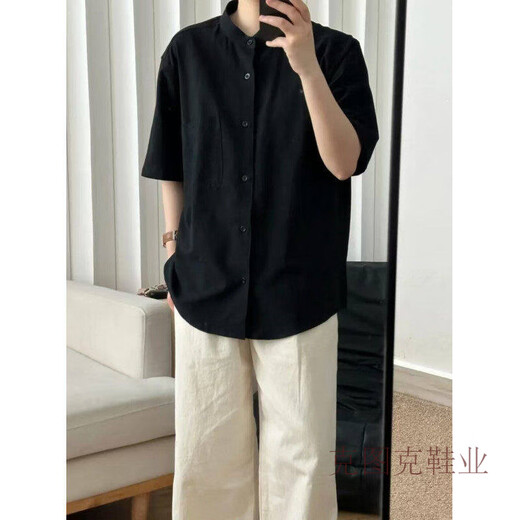 Ketuk new Chinese style cotton and linen textured short-sleeved shirt for men and women Henry collar cardigan shirt summer retro lazy jacket black L