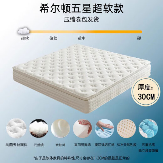 Mumin Hilton five-star hotel latex independent pocket spring compression spine mattress for home bedroom super soft 30cm thick five-star soft Hilton Royal Garden 30CM 1.8x2.0 meters