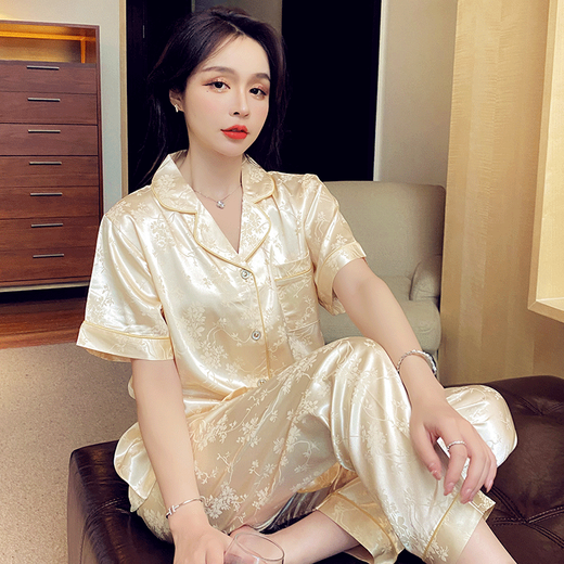 勤度睡衣冰丝女性感冰绸丝士夏季丝薄款短袖长裤加大码斤家居服 694#H字母三件套装 2XL (建议130-150斤)