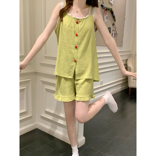 莫代尔云朵棉睡衣女款夏季带胸垫性感吊带套装时尚女士家居服可外穿 9226绿 M (80-100斤)