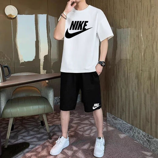 NBA KIDS-NIKE百搭潮酷夏季短袖短裤套装男帅气纯棉透气百搭宽松T恤男 耐克黑T  绿白小标+黑裤口 耐克儿童12034-45斤
