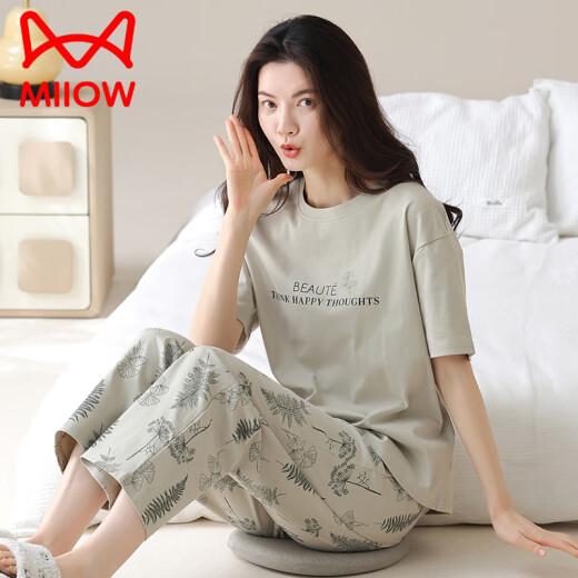 猫人（MiiOW）2025年新款睡衣女士夏季纯棉短袖长裤可外穿休闲品牌家居服套装 YZT9712 M 【建议80-100斤穿】
