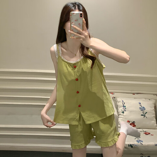 Yalu Yunduo cotton pajamas for women in summer with chest pad sexy suspender set fashionable women's home clothes can be worn outside 9226 Apricot M (80-100Jin [Jin equals 0.5 kg])