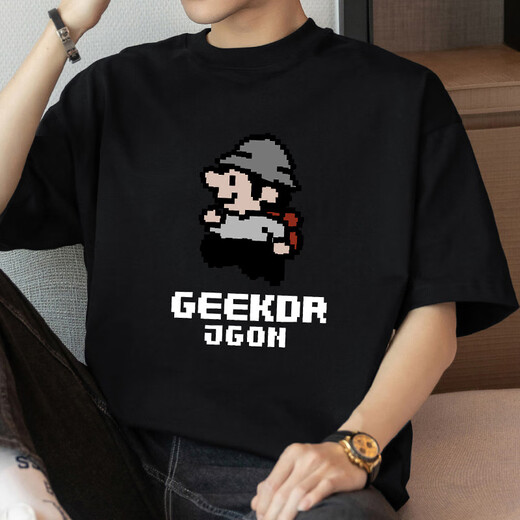260g heavy pure cotton short-sleeved T-shirt men's summer loose round neck top fashion brand pixel printed cotton half-sleeved M09-693 black M