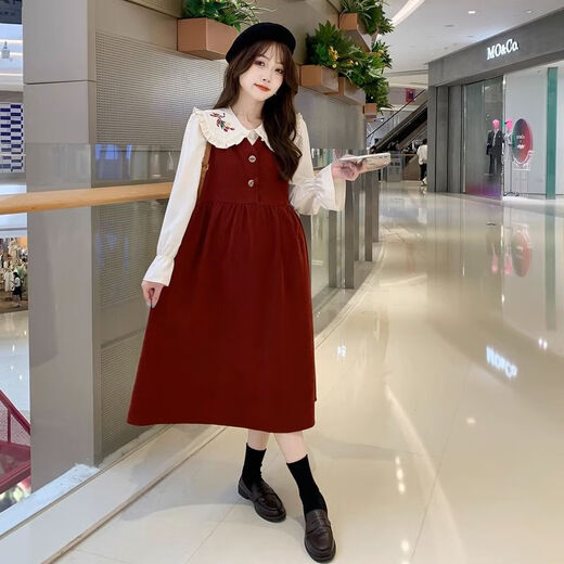 Maternity dress spring and autumn new design sense maternity wear loose doll collar shirt + vest sweet age-reducing trend red two-piece set L