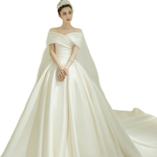 Pierre Cardin (Pierre Cardin) Satin Wedding Dress 2025 New Temperament Bride One-shoulder Palace Style French Atmosphere Simple Fairy Style Main Entrance Veil Ivory White (Tie) XL