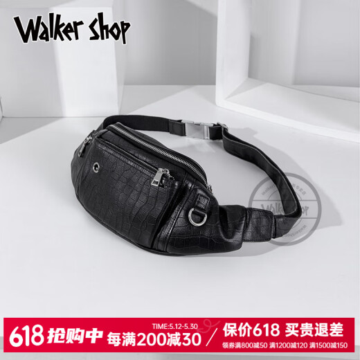 Walker Shop男士胸包真皮男腰包2025年新款休闲单肩斜挎包多功能大容量手机包 黑色