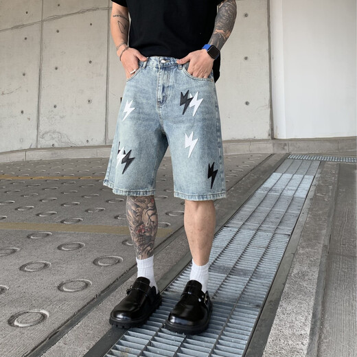 American haut de gamme en cuir haut de gamme Denim shorts de créneau d'été masculin Design Sense High Street Handsome Straight Six-Point Mid-Pants Black-Black 1392-1 S