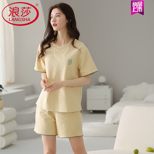 浪莎（LangSha）睡衣女款夏季纯棉短袖短裤简约休闲全棉薄款女士家居服套装 9859 【纯棉】 M 建议75-100斤穿