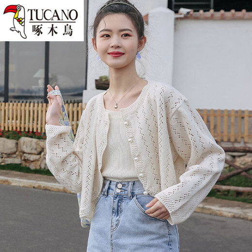 Holzspecker kurz gestrickte Strickjacke für Frauen 2025 Neues dünner Frühjahrspullover Sommer Hollow Top Aprikosenfarbe M 95-105jin [Jin gleich 0,5 kg]