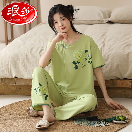 浪莎新款夏季短袖长裤睡衣套装国风休闲舒适可外穿棉质家居服 9905 M  75-95斤