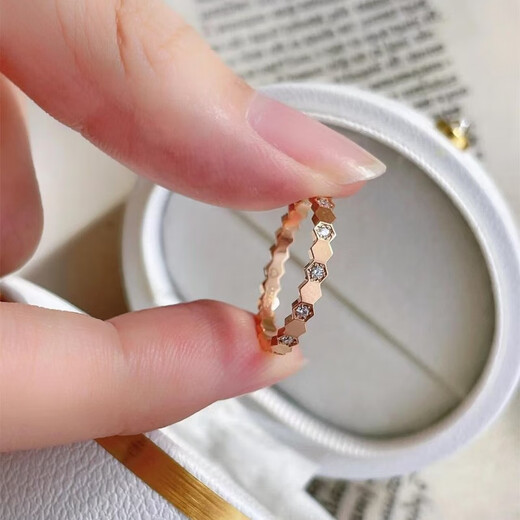OEMG Old Phoenix Gold Store's ancient method inherited 18k gold sparkling diamond honeycomb ring women's niche simple and versatile ring 2 rose gold honeycomb ring with diamonds US size 5