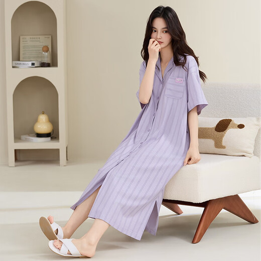 Cobreador para mujeres Summer de manga corta 2025 Nuevo pijama dulce y lindo al aire libre, ropa para el hogar de algodón, moda de alta gama [QM826] Star Purple Rayed Women's Skirt L (recomendado 100-120 Jin [Jin iguala 0.5 kg])