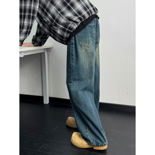 
ZENGZHI Retro Blue Wide Leg Jeans Men's Spring New Loose Straight Pants 2025 American High Street Vibe Casual Pants Black Gradient 1049 M