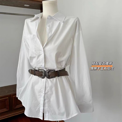Sweet Star White Irregular Lapel Shirt Dress Belt Hot Girl Design Long Sleeve Shirt Women Single White Shirt S