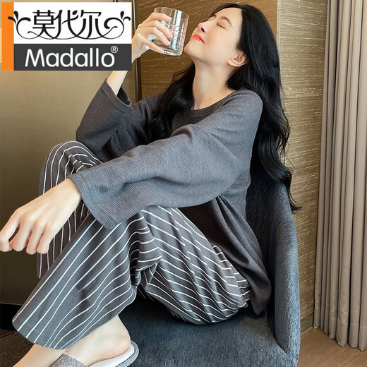 莫代尔睡衣女春秋款纯棉长袖网红风秋天2024年新款条纹家居服套装可外穿 9719女 M