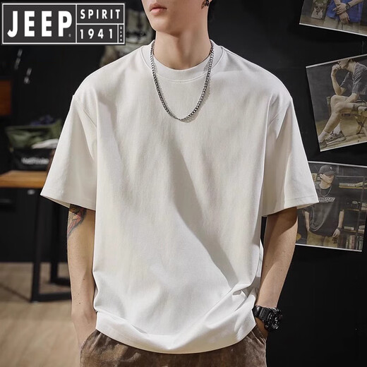 Jeep Spirit Boys kurzärmeligte T-Shirt-Männer Hip-Hop Sommer 2025 Neue Männer großer großer, vielseitiger Paar T weißes Baumwoll-1483 2xl-Empfohlenes Gewicht 155-175