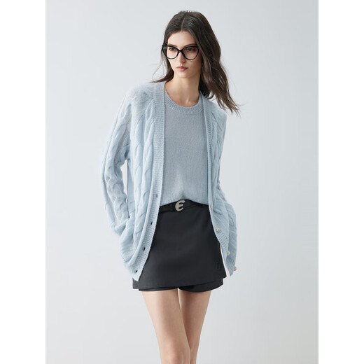 ELLE shopping mall same style sheep wool mohair cable knitted cardigan two-piece set for women 2025 autumn new style light blue M