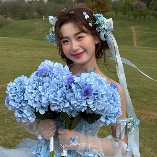 YWZR新娘头饰甜美蓝色花朵飘带发夹仙美结婚礼服发饰婚纱礼服跟妆配饰 手套