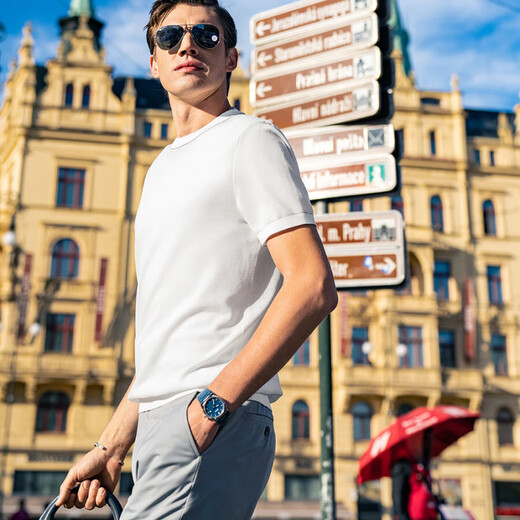 Mr. BU BU CONTRAST COULEUR ROUND COU T-shirt tricoté 2025 Printemps et été Nouveau Skin Friendly Cool Men's Short Sleeve ET15099 Haoyuebai S / 165